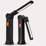 genopladelig LED lommelygte med foldbar arm, magnetisk base og krog til håndfri belysning