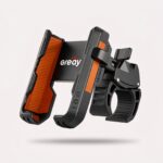 mobilholder til cykel i sort med orange detaljer, justerbar og stødabsorberende til styret