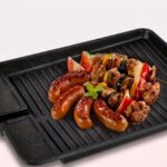 non-stick grillpande til røgfri grillning med riller til kød, pølser og grøntsager inde og ude