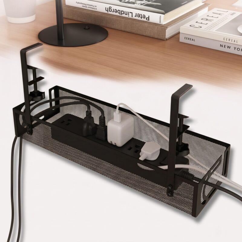 kabelbakke under skrivebordet i sort og hvid - uden boring til ryddelig kabelstyring ved arbejdspladsen - Kontorkomfort product image