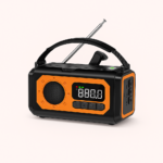 nødradio med håndsving i mørkegrøn, sort og orange med solceller, lommelygte og powerbank - Billede 2